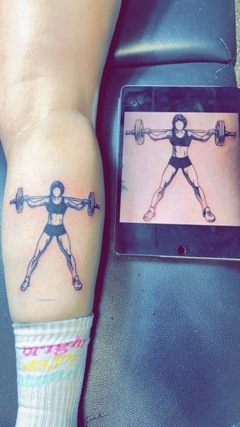 Line-work + Black-work weightlifter tattoo on Calf by Dcmbrs_finest on TattMe