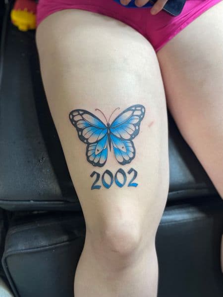 Color + Illustrative butterfly tattoo on Thigh by Dcmbrs_finest on TattMe