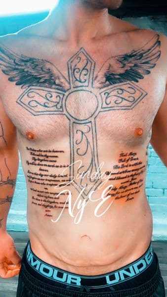 Black & Grey + Lettering cross tattoo on Chest by Dcmbrs_finest on TattMe