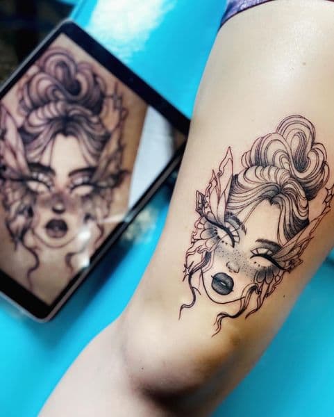Black & Grey + Illustrative woman tattoo on Upper Arm by Dcmbrs_finest on TattMe