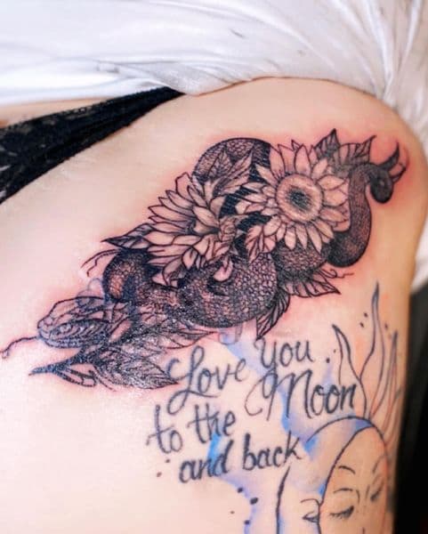 Black & Grey + Floral snake tattoo on Thigh by Dcmbrs_finest on TattMe