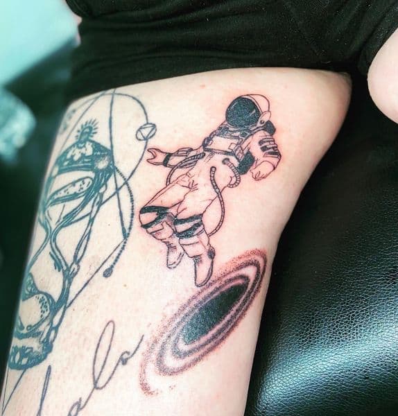 Fine Line + Black-work astronaut tattoo on Thigh by Dcmbrs_finest on TattMe