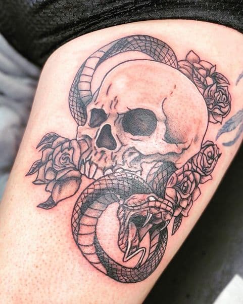 Black & Grey + Illustrative skull tattoo on Thigh by Dcmbrs_finest on TattMe