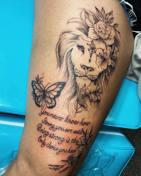 Fine Line + Black & Grey lion tattoo on Thigh by Dcmbrs_finest on TattMe