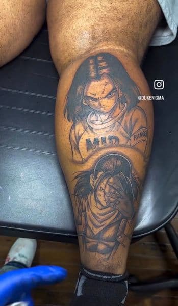 Anime + Black & Grey anime character tattoo on Calf by Duke on TattMe