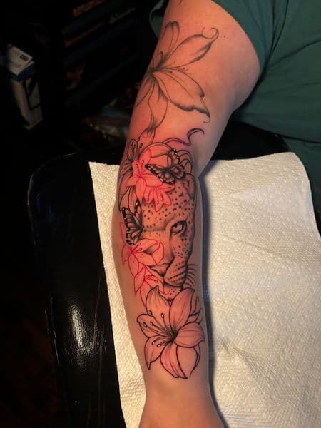 Black & Grey + Fine Line leopard tattoo on Forearm by Duke on TattMe