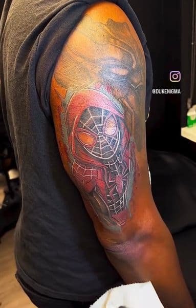 Illustrative + Color spider-man tattoo on Upper Arm by Duke on TattMe
