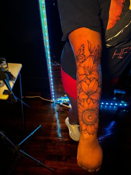 Floral + Illustrative butterfly tattoo on Half Sleeve by Duke on TattMe
