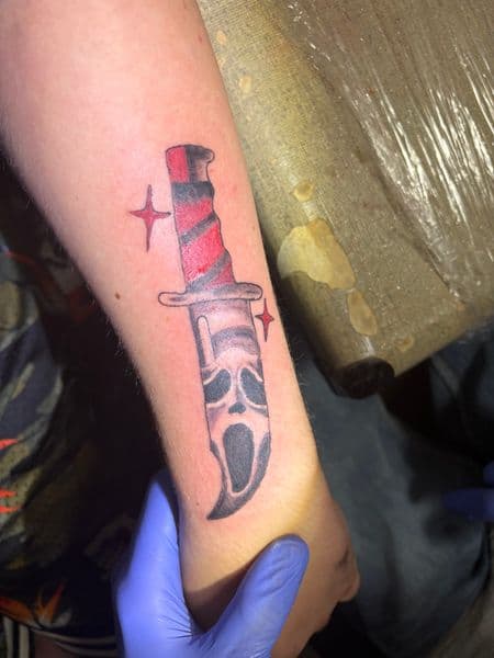 Color + New School knife tattoo on Forearm by big_pimp_brayden on TattMe