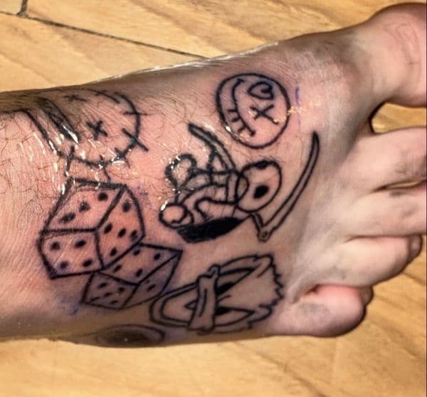 Black-work + Illustrative dice tattoo on Foot by big_pimp_brayden on TattMe