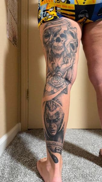 Black & Grey + Realism skull tattoo on Full Leg Sleeve by TymmyTattoos on TattMe