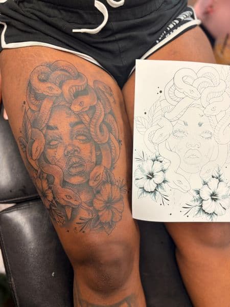 Black & Grey + Illustrative medusa tattoo on Thigh by TymmyTattoos on TattMe