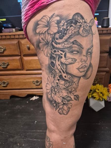 Black & Grey + Illustrative medusa tattoo on Thigh by TymmyTattoos on TattMe