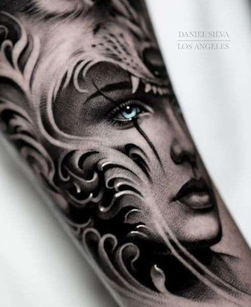 Black & Grey + Realism woman tattoo on Forearm by Daniel_Slime_Tattoo on TattMe