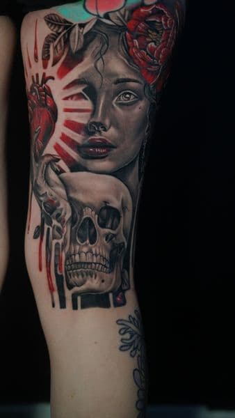 Realism + Illustrative woman tattoo on Thigh by ratedr.ink on TattMe