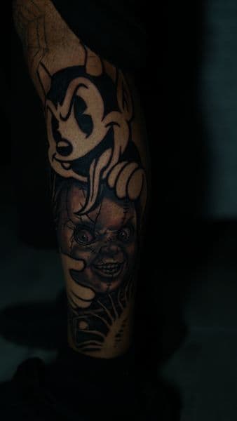 Black-work + Realism devil tattoo on Calf by ratedr.ink on TattMe