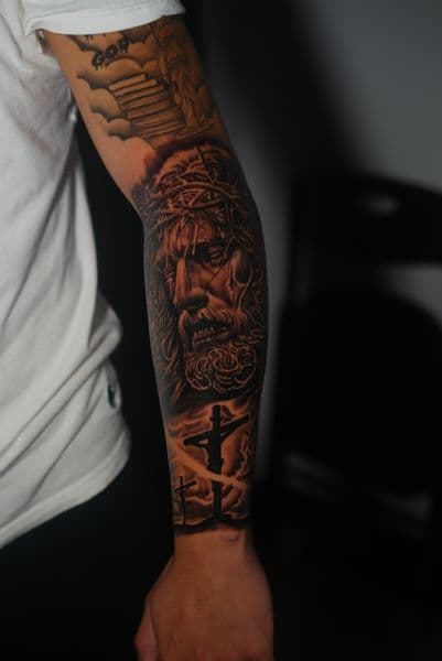 Black & Grey + Realism jesus tattoo on Half Sleeve by ratedr.ink on TattMe