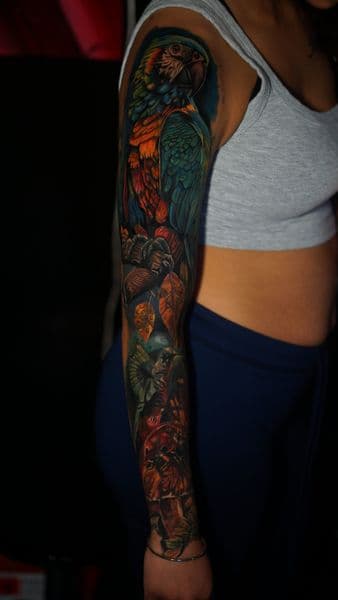 Realism + Color parrot tattoo on Full Sleeve by ratedr.ink on TattMe