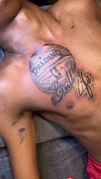 Black & Grey + Lettering basketball tattoo on Chest by veelutatts on TattMe