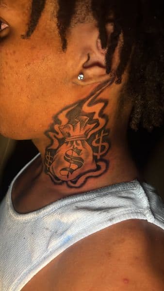 Black & Grey money bag tattoo on Neck (Side) by veelutatts on TattMe