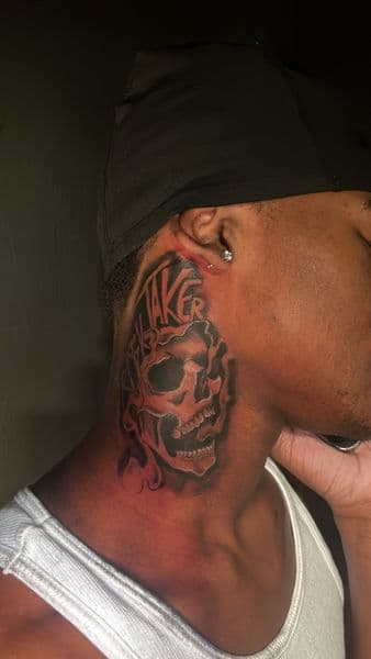 Black & Grey + Lettering skull tattoo on Neck (Side) by veelutatts on TattMe