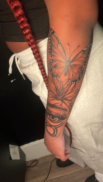 Black & Grey + Illustrative butterfly tattoo on Forearm by veelutatts on TattMe