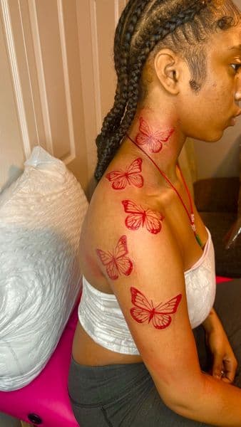 Fine Line + Color butterflies tattoo on Upper Arm by Slimxink on TattMe