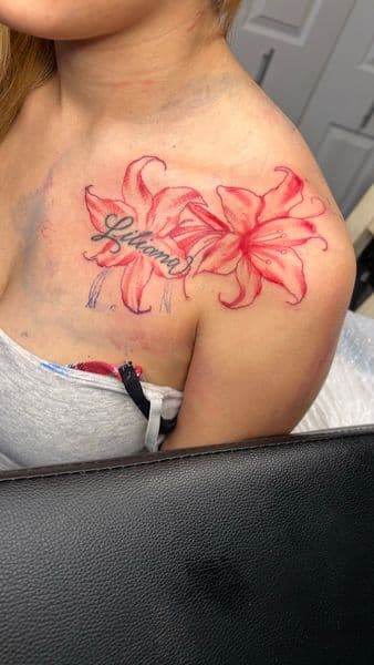 Floral + Script flowers tattoo on Shoulder by Slimxink on TattMe