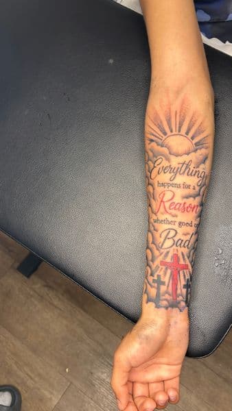 Script + Black & Grey sun tattoo on Forearm by Slimxink on TattMe