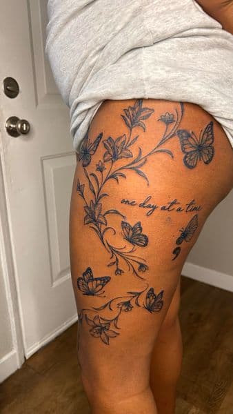 Fine Line + Floral butterflies tattoo on Thigh by Slimxink on TattMe