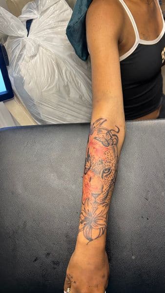 Black-work + Floral leopard tattoo on Forearm by Slimxink on TattMe