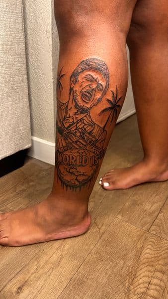 Line-work + Black-work man tattoo on Calf by Slimxink on TattMe