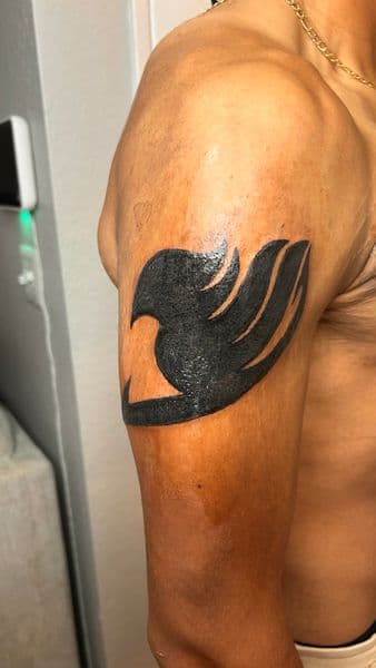 Black-work + Anime fairy tail tattoo on Upper Arm by Slimxink on TattMe