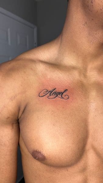 Lettering + Script angel tattoo on Chest by Slimxink on TattMe