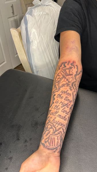 Black & Grey + Lettering quote tattoo on Forearm by Slimxink on TattMe