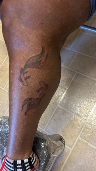 Fine Line + Black-work fish tattoo on Calf by Slimxink on TattMe