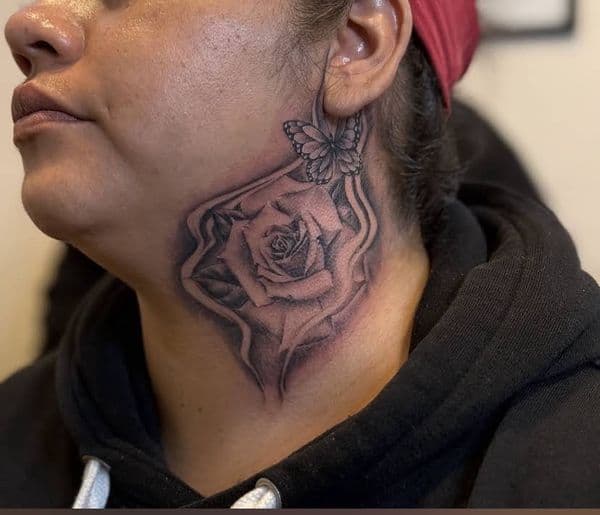 Black & Grey + Realism rose tattoo on Neck (Side) by macron_ on TattMe