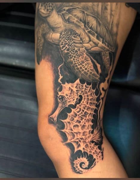 Black & Grey + Realism sea turtle tattoo on Thigh by macron_ on TattMe
