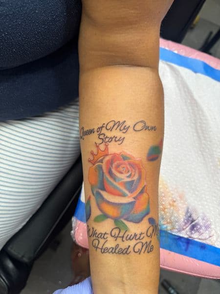 Lettering + Color rose tattoo on Forearm by Rell_MadeYouInk on TattMe