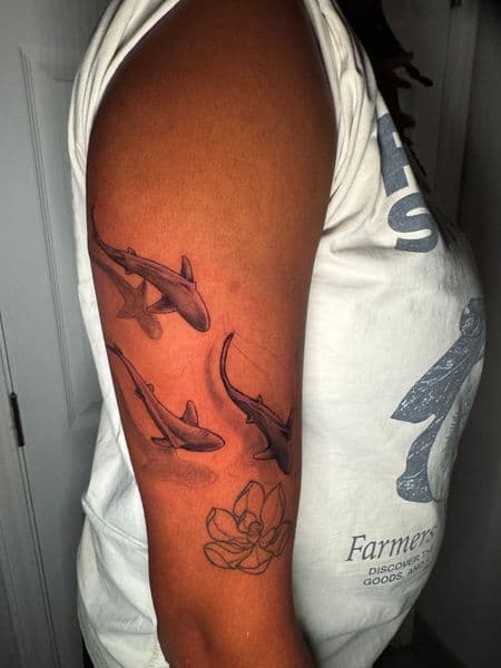 Black & Grey + Fine Line sharks tattoo on Upper Arm by Rell_MadeYouInk on TattMe