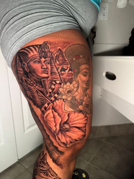 Realism + Black & Grey pharaoh tattoo on Thigh by Rell_MadeYouInk on TattMe