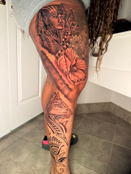 Black & Grey + Realism pharaoh tattoo on Full Leg Sleeve by Rell_MadeYouInk on TattMe