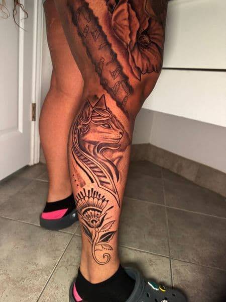 Black & Grey + Illustrative cat tattoo on Calf by Rell_MadeYouInk on TattMe