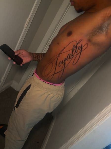 Script + Lettering loyalty tattoo on Ribs by Inkbymira on TattMe