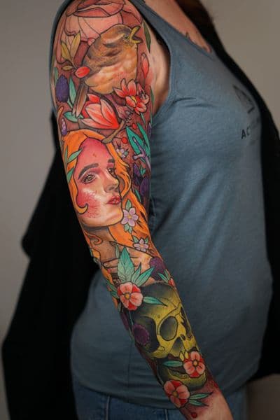 Illustrative + Neo-Traditional woman tattoo on Full Sleeve by darya on TattMe