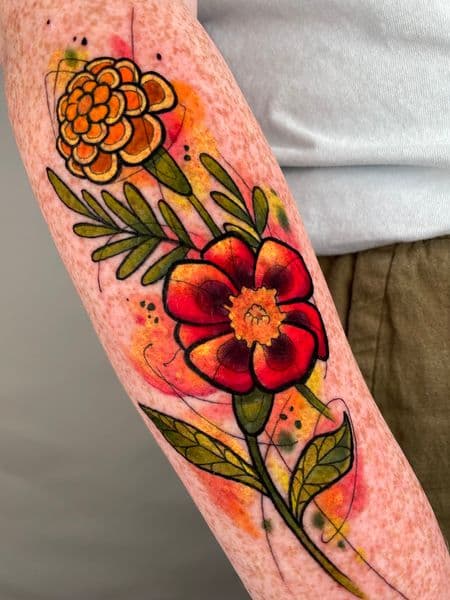Watercolor + Floral marigolds tattoo on Forearm by darya on TattMe