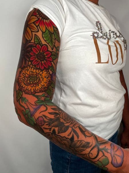 Floral + Color flowers tattoo on Full Sleeve by darya on TattMe