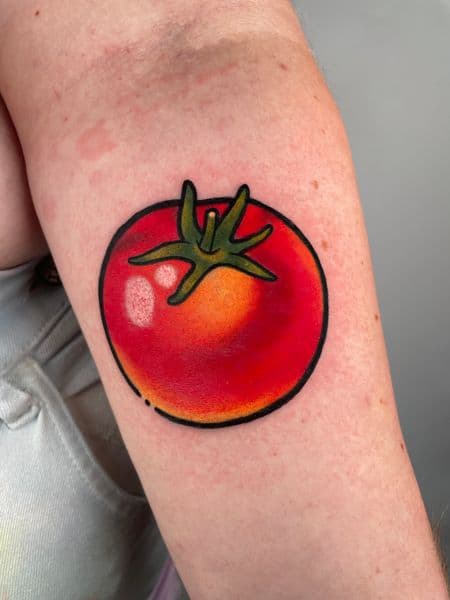 Color + Illustrative tomato tattoo on Upper Arm by darya on TattMe