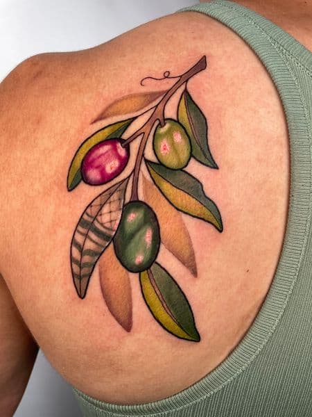 Illustrative + Color olive branch tattoo on Shoulder by darya on TattMe
