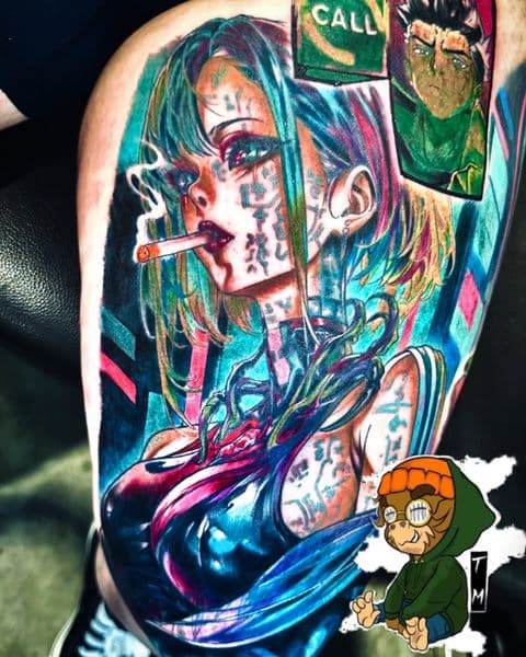 Anime + Illustrative woman tattoo on Thigh by TattedMonkey_Tattoos on TattMe